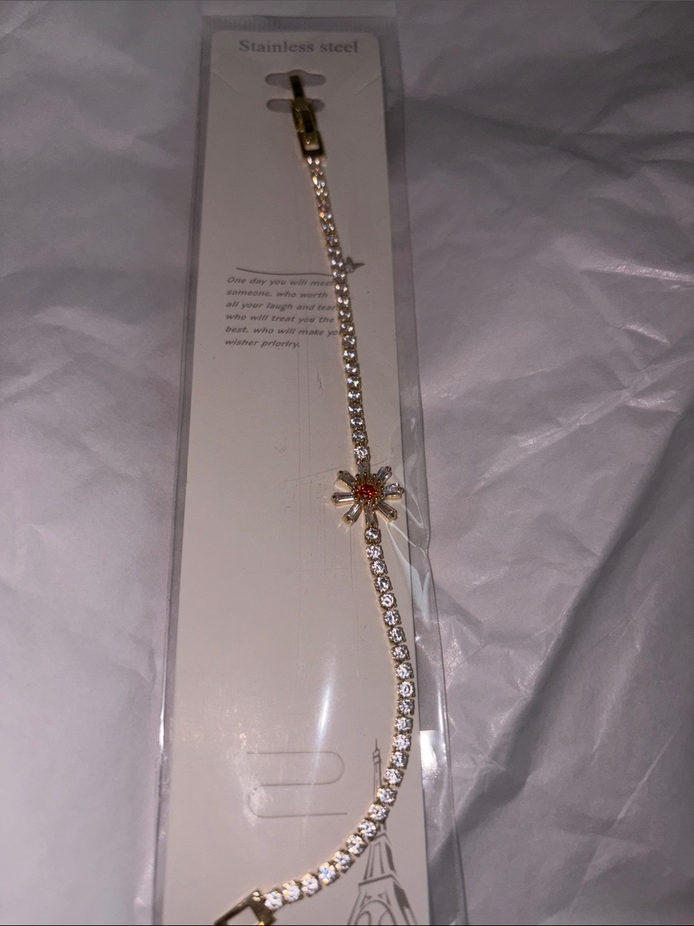 Stainless Steel Gold-Tone Crystal Tennis Bracelet with Red Accent Flower